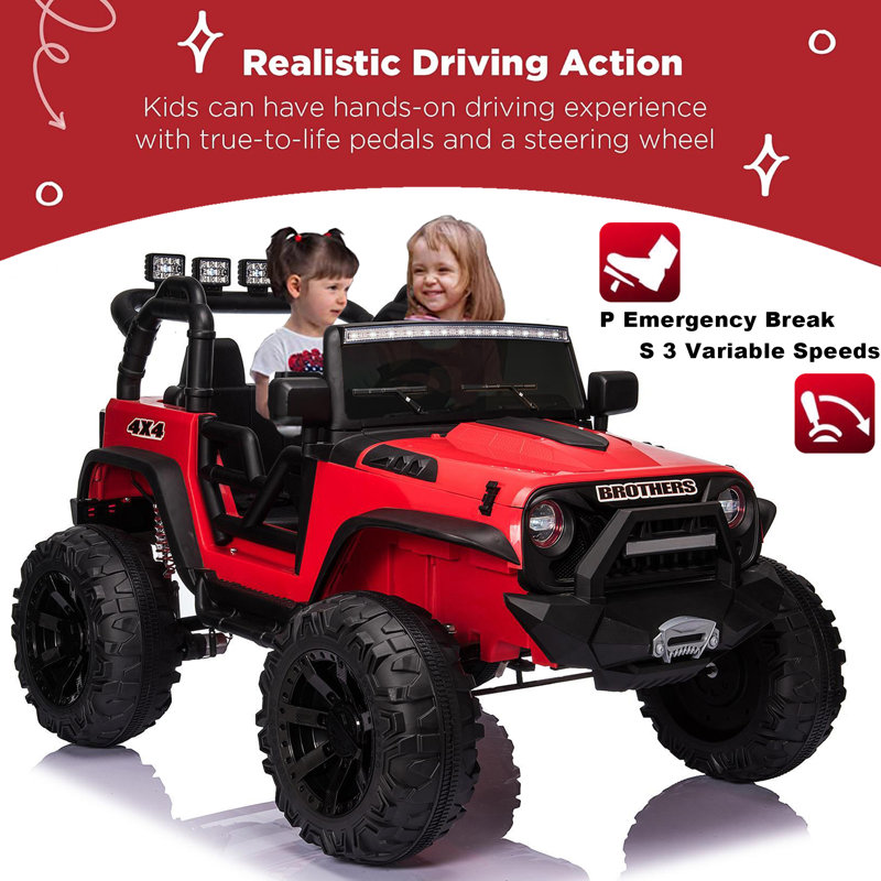 DreamDwell Home 24V 2 Seater Ride On Jeep Car Truck with Remote Control Ride on SUV Toys for Big Kids with Parental Remote Control LED Lights Safety Belt Bluetooth Music MP3 AUX Port